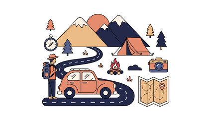Naklejka premium Adventurous traveler exploring the scenic mountain landscape with car and map.