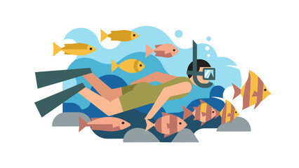 Cartoon illustration of a person snorkeling with colorful fish underwater.