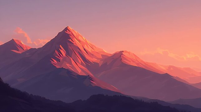Polygon Sunrise Landscape with Stylized Low Poly Mountains