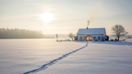 snowy house with footprints in the foreground at sunrise transparent background