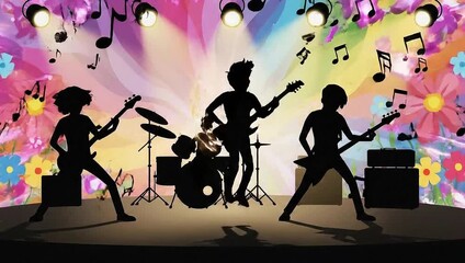 Rock band performing live on stage with musical notes floating around.