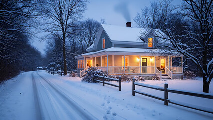 snowy house with porch and fence on rural road transparent background
