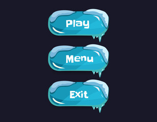Game menu buttons interface with freezing ice texture. play, menu, exit game button UI design. vector