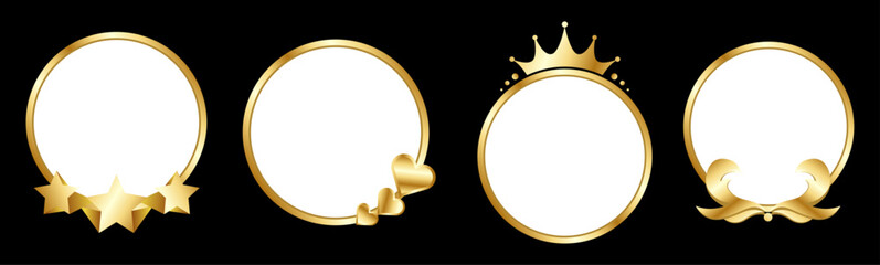 set golden circles with ornament and crown isolated on black background