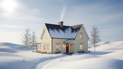 snowy house with red door and smoke from chimney transparent background