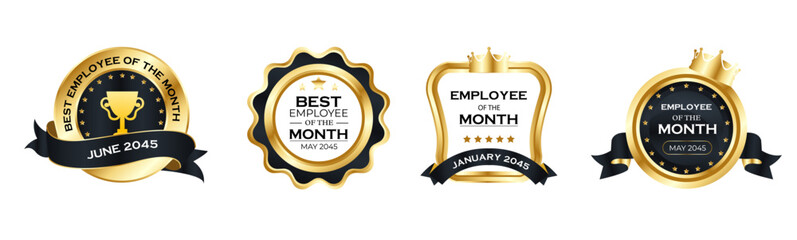 Set of Employee of the month badges with ribbons. Black and gold badges appreciation, award. vector