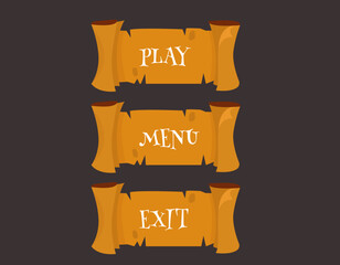 Game menu buttons interface with tree bark texture. play, menu, exit game button UI design. vector