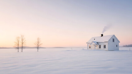 snowy landscape with white house and trees at sunset transparent background