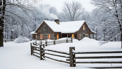 snowy house with wooden fence and trees in winter landscape transparent background