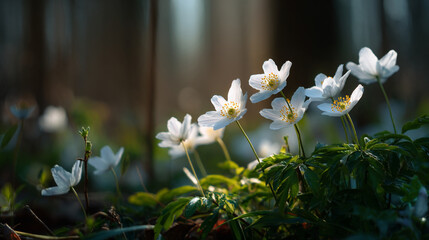 Group of White Wildflowers on a Forest Floor Blooming in Warm Morning Sunlight