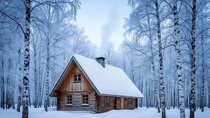 snowy wooden cabin in forest with bare trees transparent background