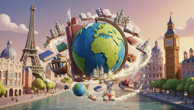 Educational journey through European landmarks with books and globes.