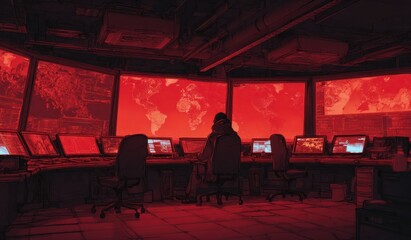 Control room with screens displaying data in a dark environment