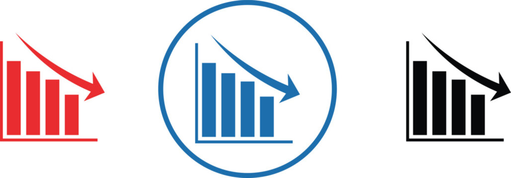 Red blue and black downward trending bar chart with arrows graph down arrow