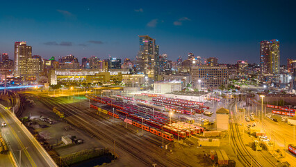 Trolley Depot in San Diego at night, drone view