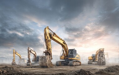 Heavy machinery excavators on construction site under cloudy sky background