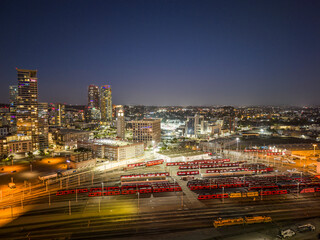 Trolley Depot in San Diego at night, drone view