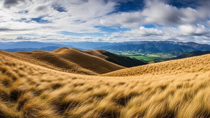 Golden hills under dramatic cloudy sky with green valley