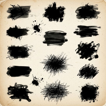 Collection of Black Ink Splatter and Brush Stroke Textures.