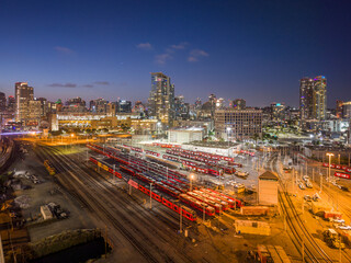 Trolley Depot in San Diego at night, drone view