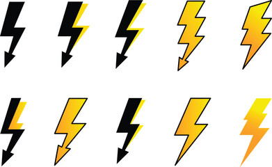 Ten black and yellow lightning bolt with gradient fill thunderbolt electricity