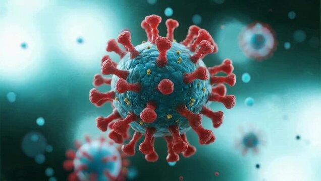 Virus cell with red spikes on blue surface