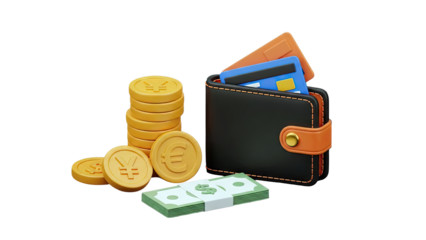 3D Wallet with Coins, Credit Cards, and Cash