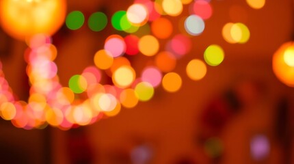 Blurred background of colorful string lights creating a festive atmosphere.