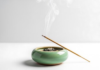 A lit incense stick in a green ceramic holder releasing a gentle stream of smoke against a white background