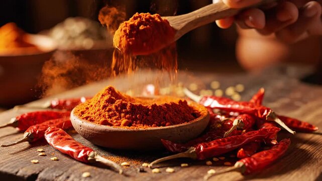 Close up of red chili powder in wooden bowl with chilies and spoon