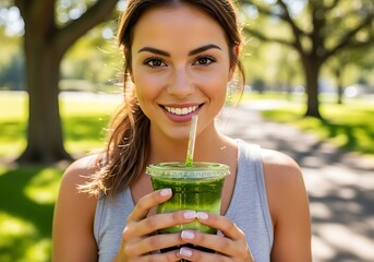 A beautiful young woman smiles brightly as she enjoys a healthy green smoothie in a sunny park