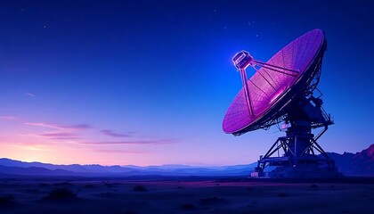 Giant satellite dish antenna silhouetted against a dramatic twilight sky with hues of purple and pink