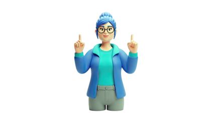 3D Cartoon Woman with Blue Hair and Glasses Pointing Up