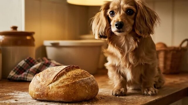 full grown mini dachshund. A curious dachshund examines a freshly baked loaf of bread on a rustic kitchen table, surrounded by cozy ambiance and warm lighting