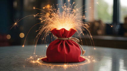 A vivid red fabric drawstring pouch tied with twine bursts with brilliant golden sparks illuminating a glossy table indoors creating a festive magical