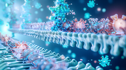 3D illustration of a cell membrane showcasing detailed lipid bilayer and protein structures clearly.