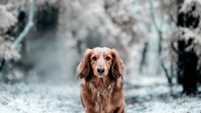 full grown mini dachshund. A golden-haired dog walks along a snow-covered path, surrounded by tall, frosty trees, creating a serene winter scene filled with gentle beauty