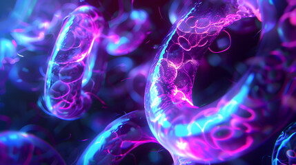 3D illustration of cell division at mitosis, glowing structures, scientific biology concept. details