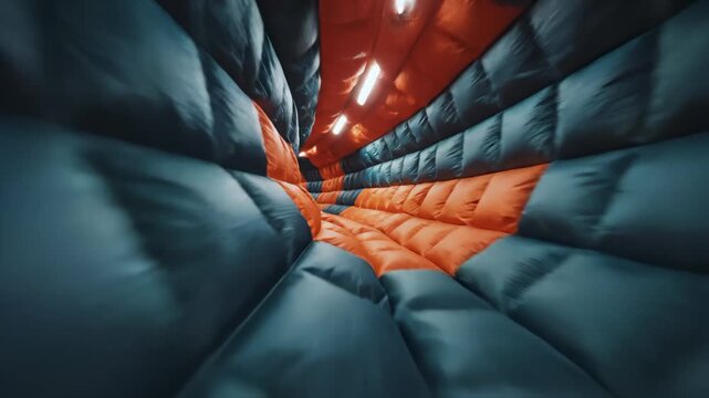 Moving Through an Inflatable Orange and Blue Tunnel Structure