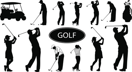 Collection of professional golf player silhouettes, male and female golfers swinging clubs, including golf cart and bag equipment, isolated sports vector icons for design © MstBeauti