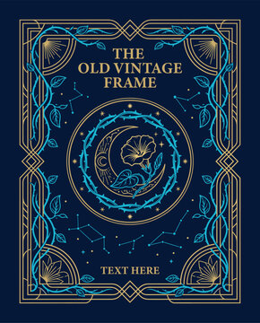 Mystical Blue and Gold Celestial Moon Vintage Frame