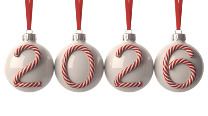 Four white Christmas ornaments hanging by red ribbons against a black background displaying the year 2026 formed by candy cane numbers in a festive ne