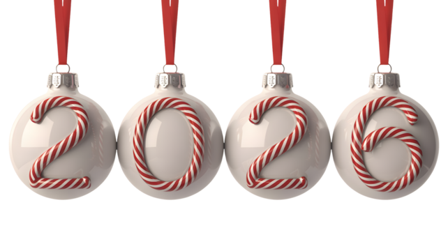Four white Christmas ornaments hanging by red ribbons against a black background displaying the year 2026 formed by candy cane numbers in a festive ne - Powered by Adobe