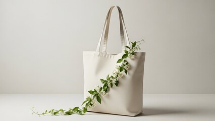 Elegant white canvas tote bag with green floral decoration