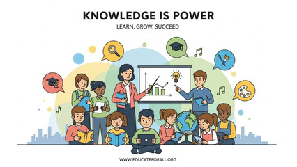 Diverse group of children and adults learning together in a colorful, modern environment with digital devices and educational icons surrounding them