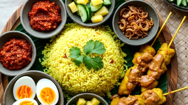 Colorful platter of rice and satay with sides