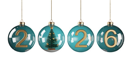 Festive teal blue Christmas ornaments with golden numbers two zero two six and a miniature tree hanging on a black background celebrating New Year
