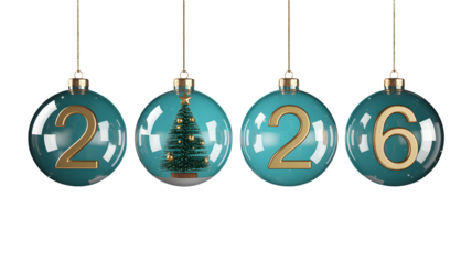Festive teal blue Christmas ornaments with golden numbers two zero two six and a miniature tree hanging on a black background celebrating New Year