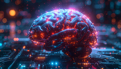 Cyborg brain with neural implants transmitting data through light pulses in futuristic style design