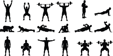 Gym workout fitness silhouettes set, male athlete performing weightlifting, bodybuilding exercises, strength training, and crossfit poses, professional vector illustration for sports health,